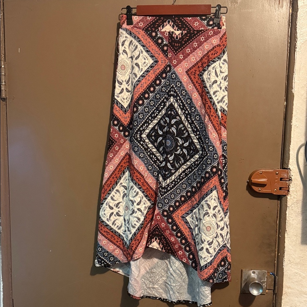 SHYANNE WOMEN'S PATCHWORK PRINTED HI LO SLIT SKIRT